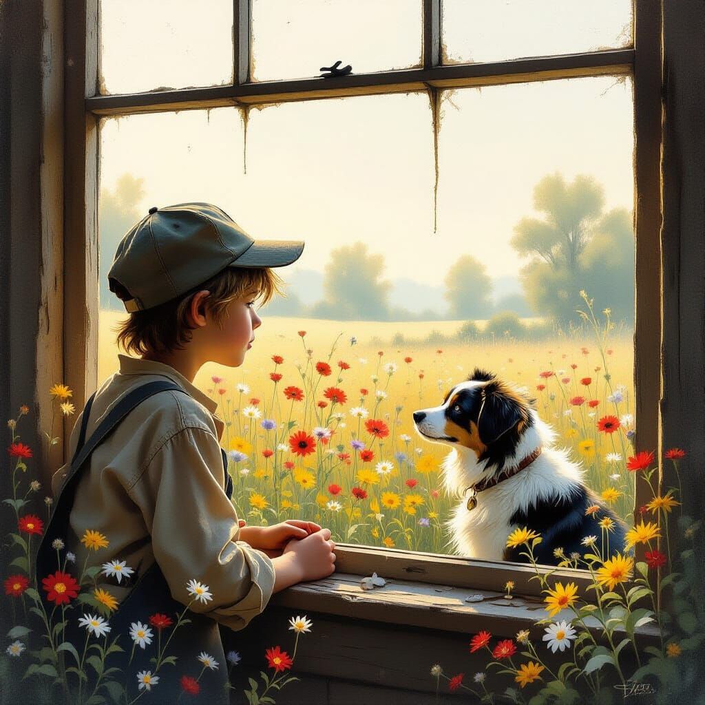 Boy and Dog Gazing at Misty Flower Field