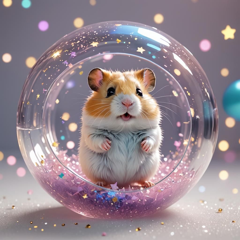 Kawaii Hamster in a Sparkling Ball, Anime Cartoon Art