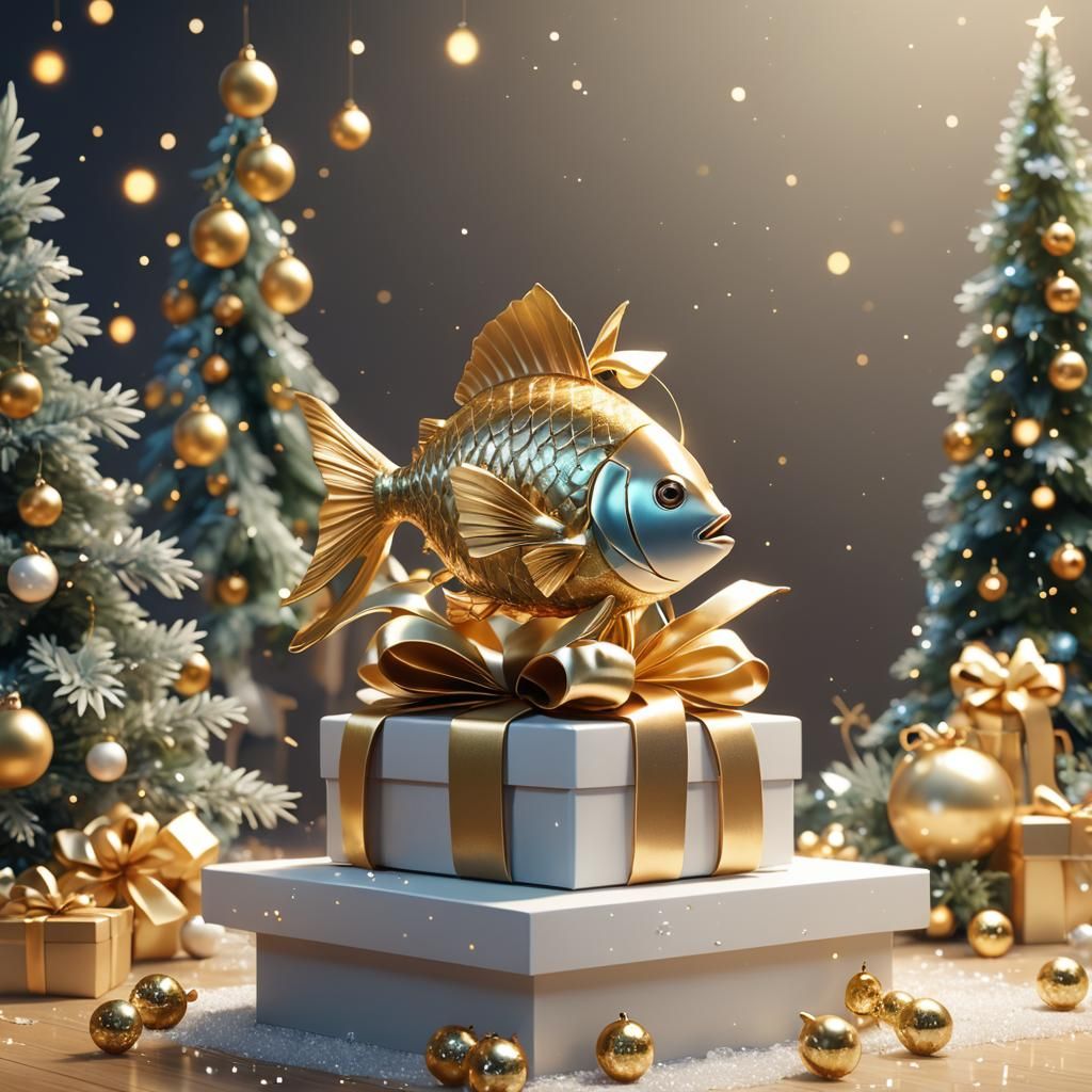 Anime Christmas Present in 3D with Golden Lighting