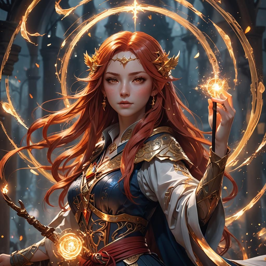 Anime Mage Casting Spell with Magic Staff