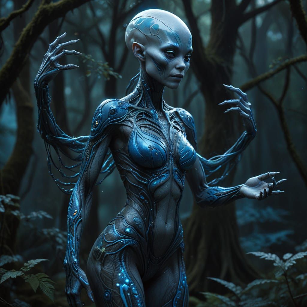 Mystic Alien Woman in Ethereal Forest: Concept Art