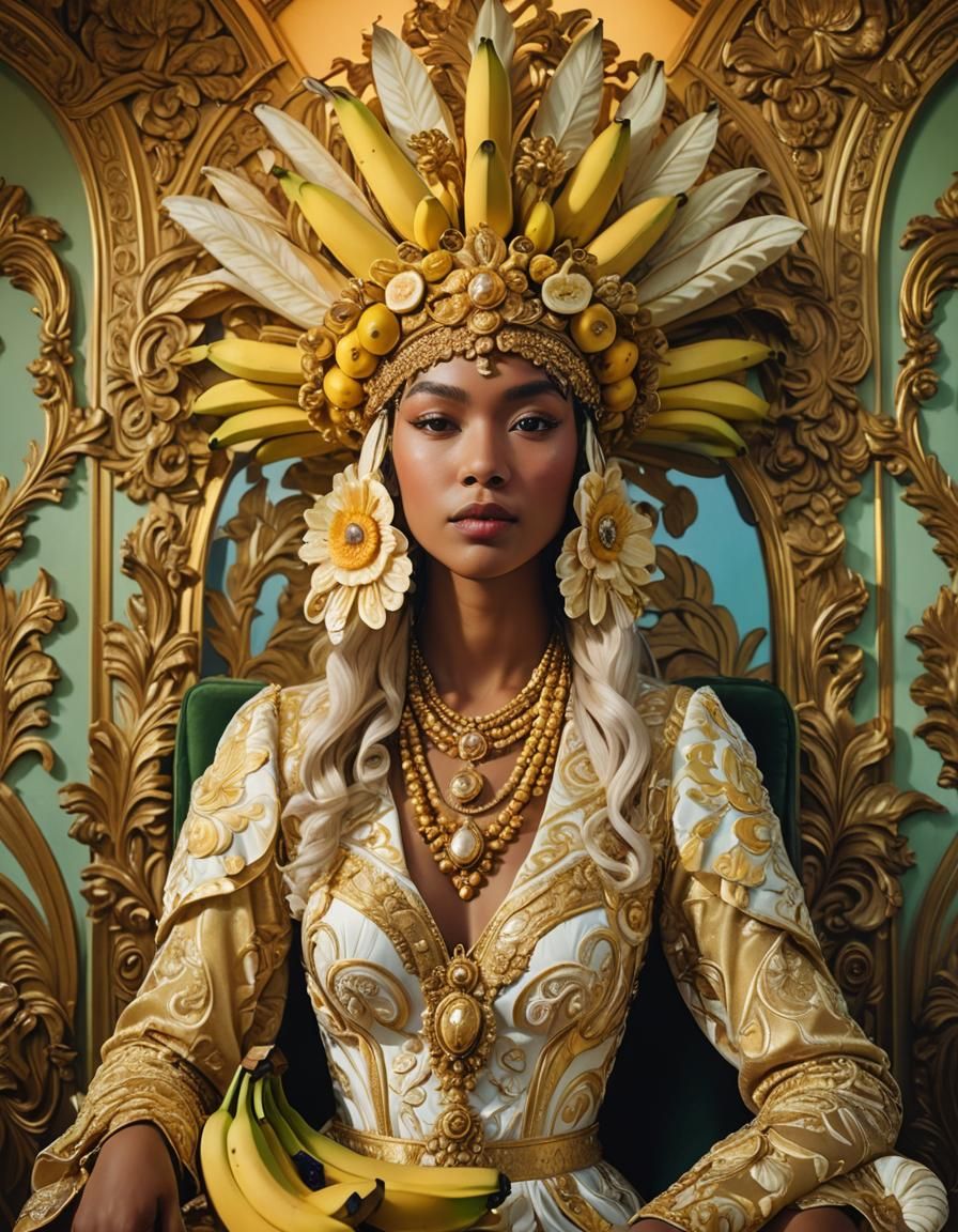 Banana Headdress Portrait in Pop Art Nouveau Style