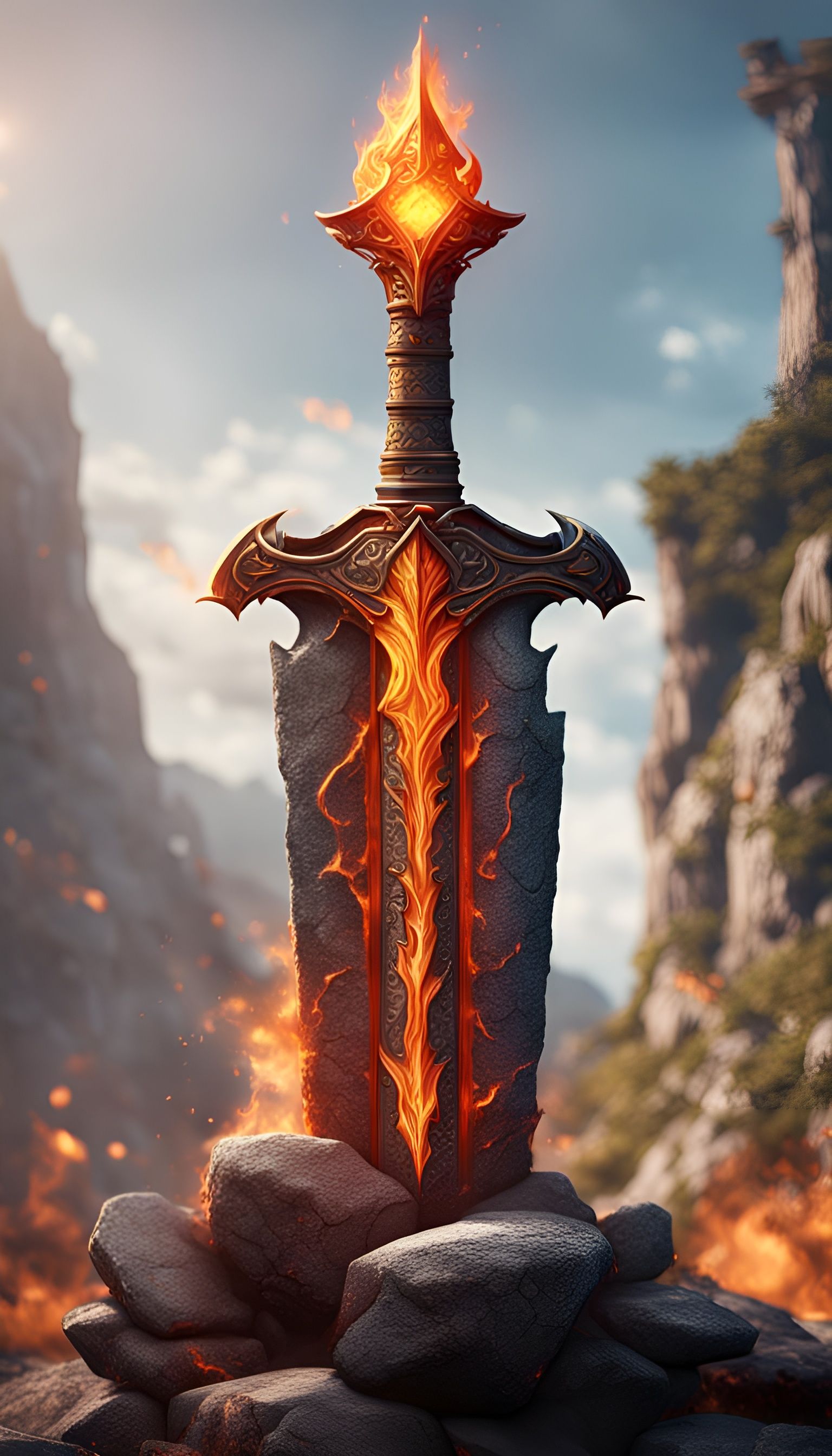 Flaming Greatsword in Stone: Fantasy Concept Art