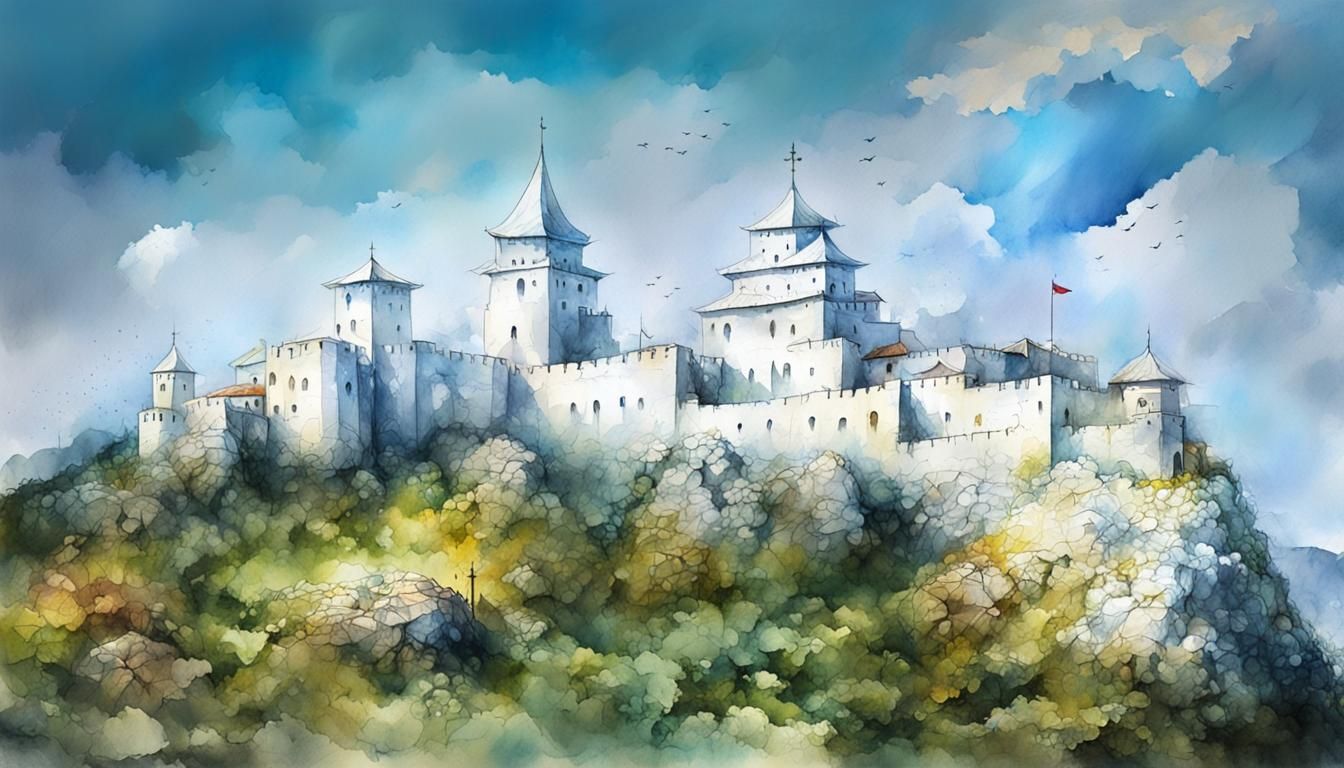 Hill Fortress in Watercolor Style