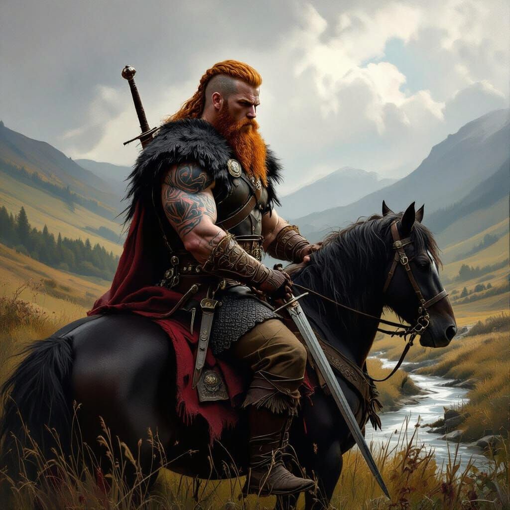 Viking Warrior Searches Valley in Dramatic Realism Style