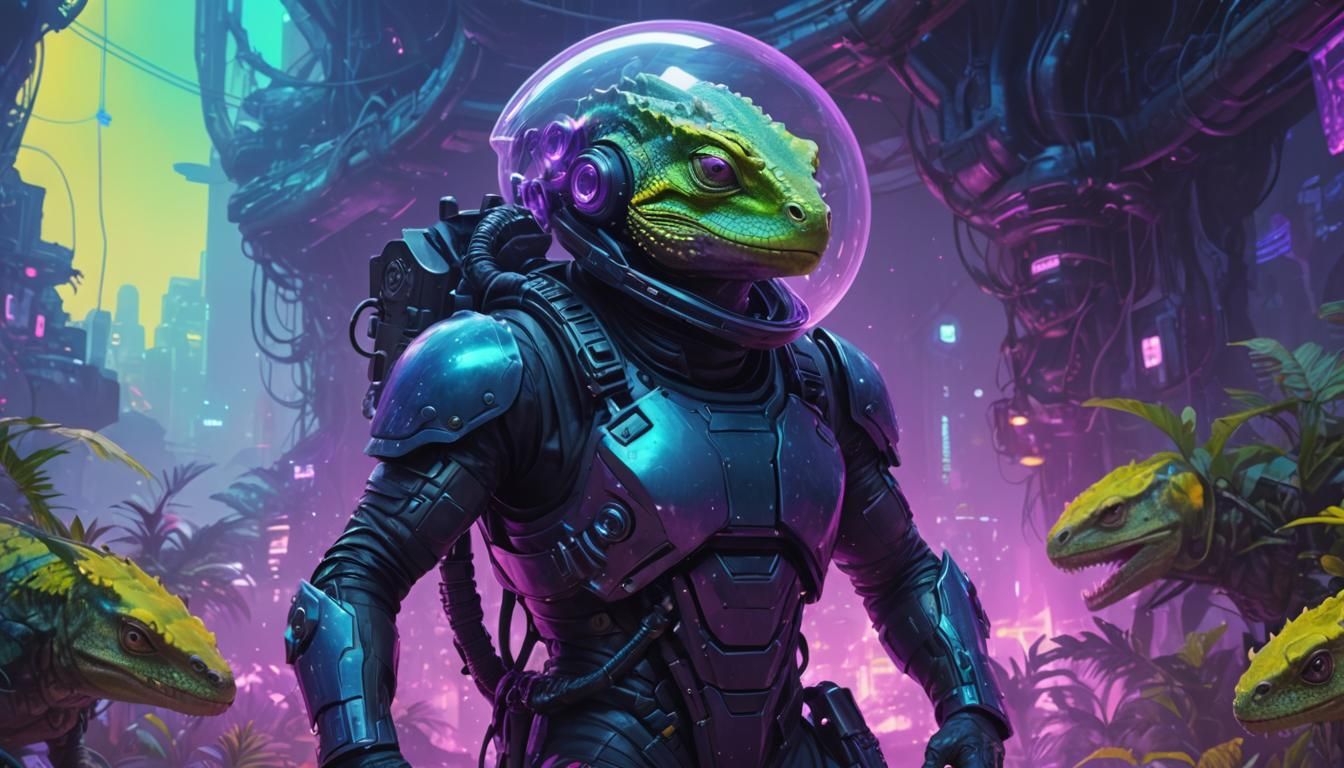 Cyberpunk Lizard Person Walks Through Alien Portal