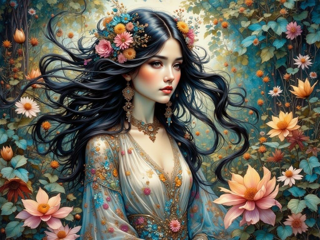 Art Nouveau Watercolor Portrait of a Woman in a Garden