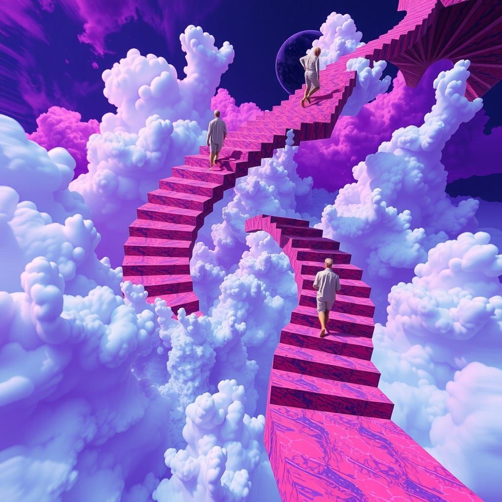 Impossible Staircase with Liquid Clouds in Glitch-Art Style