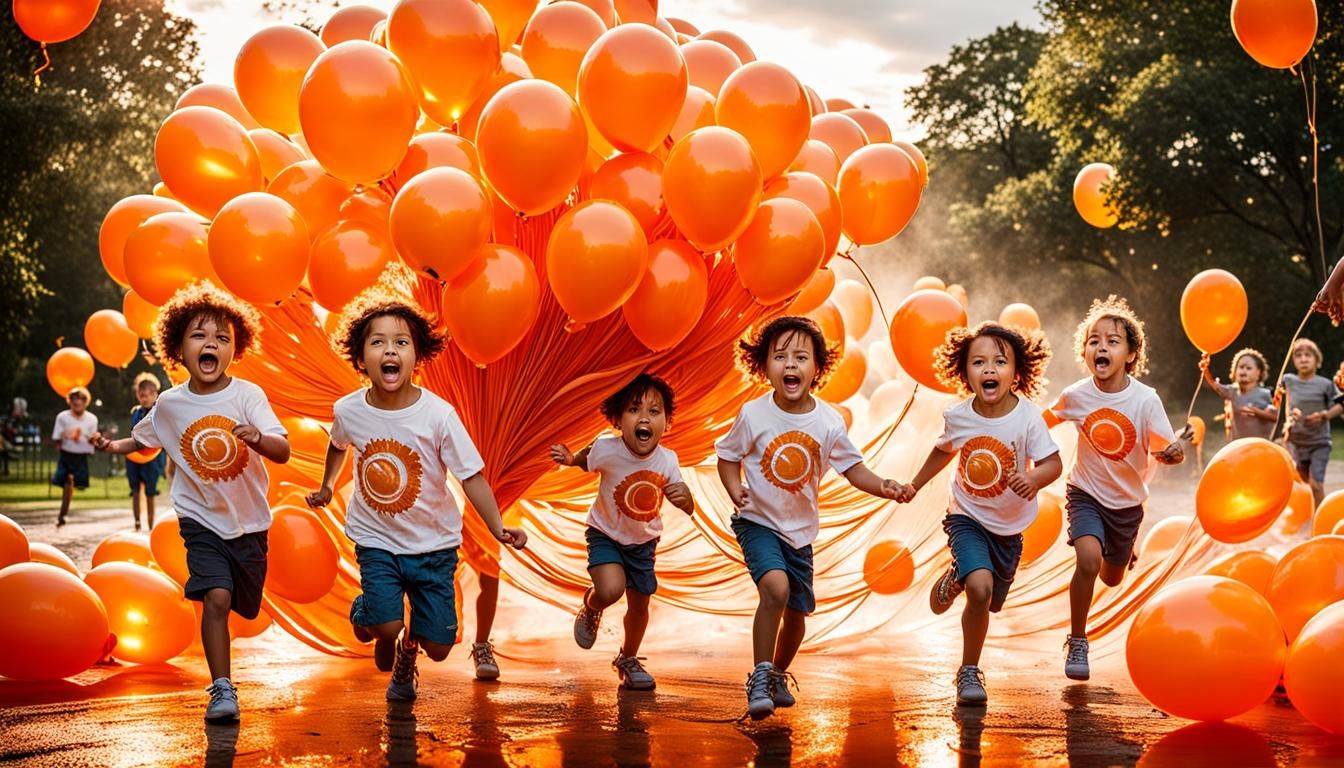 Toddlers Playing with Orange Balloons