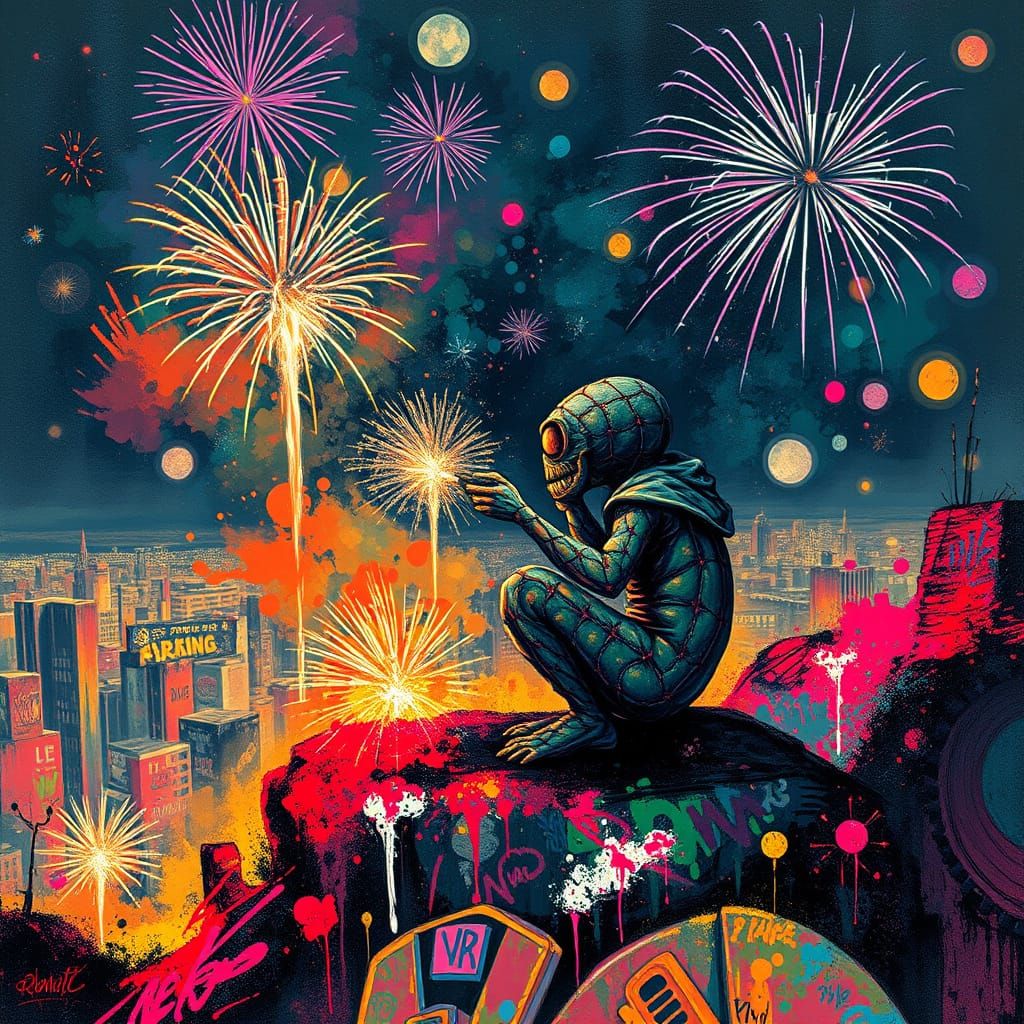 Cryptid Observes Fireworks in Polychromatic Street Art