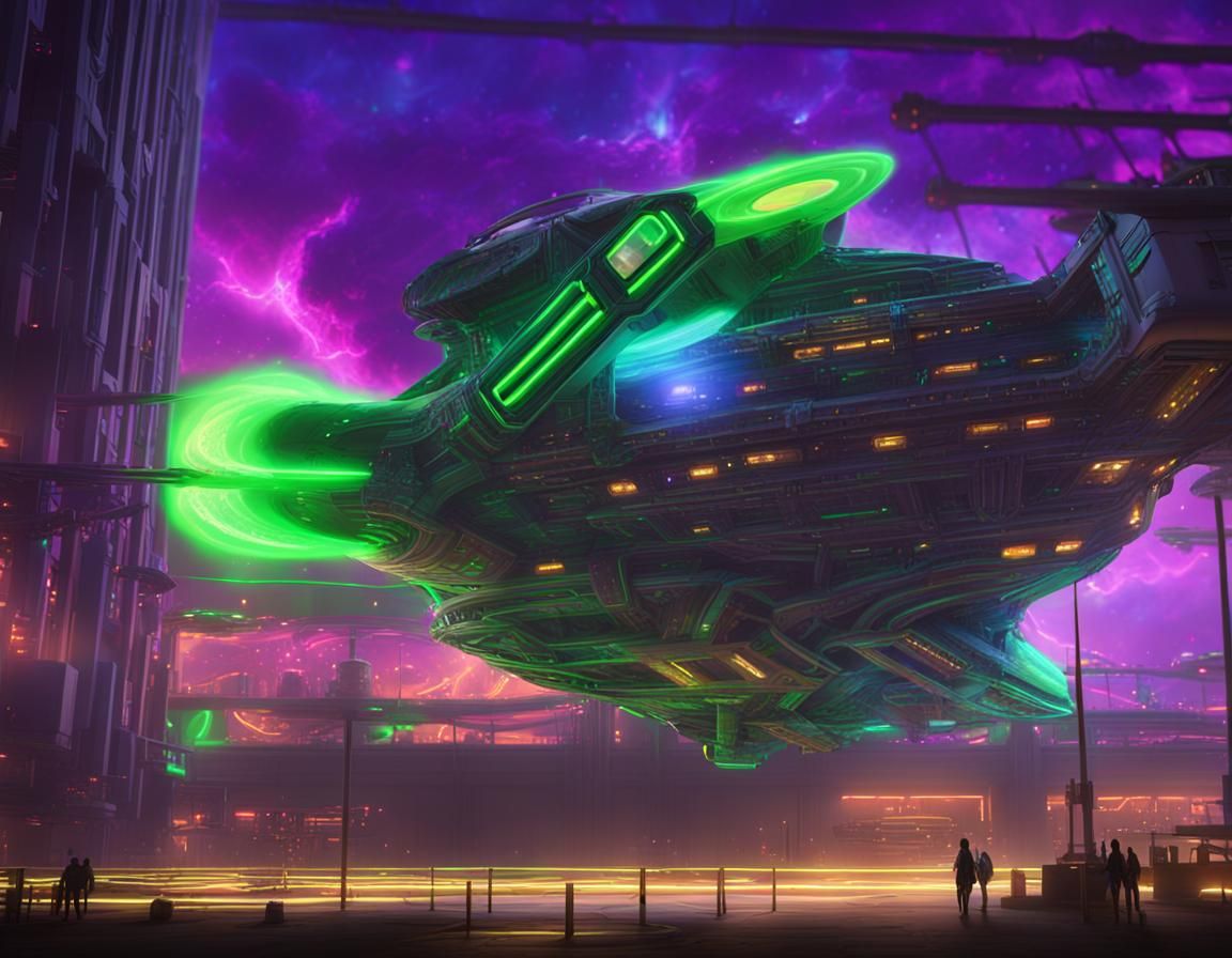 Alien Spaceship with Neon Lights in Space