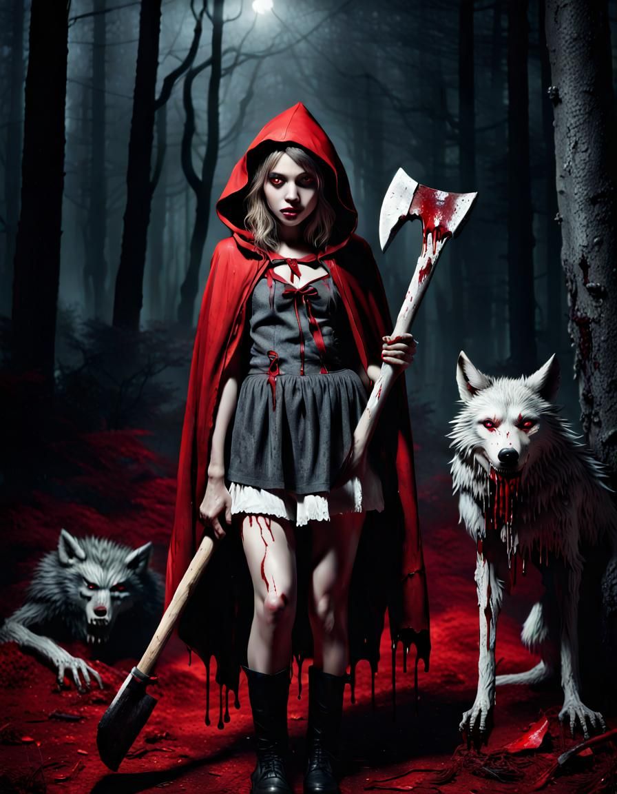 Little Red Riding Hood with Bloody Axe in Forest
