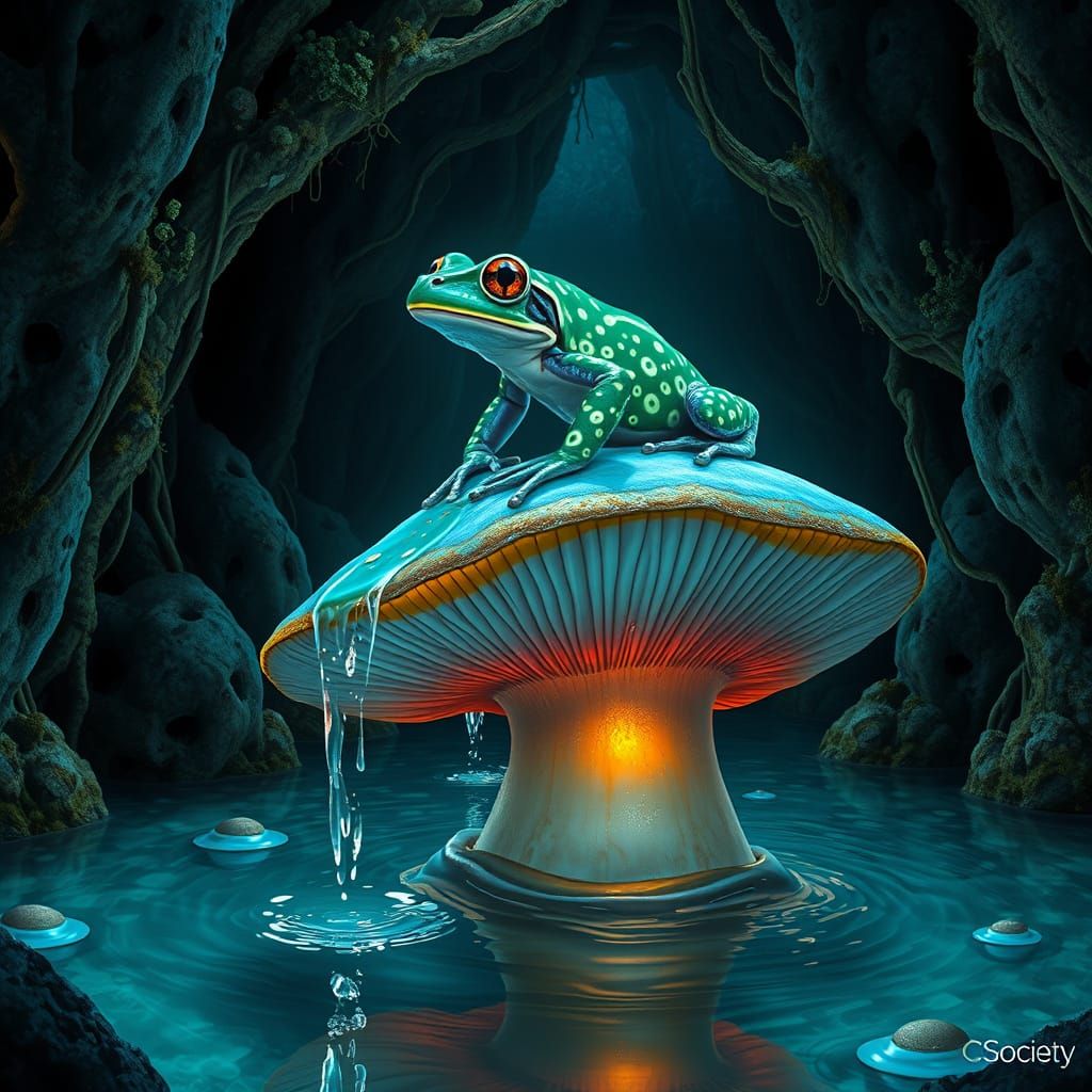 Bioluminescent Frog on Mushroom in Glowing Grotto