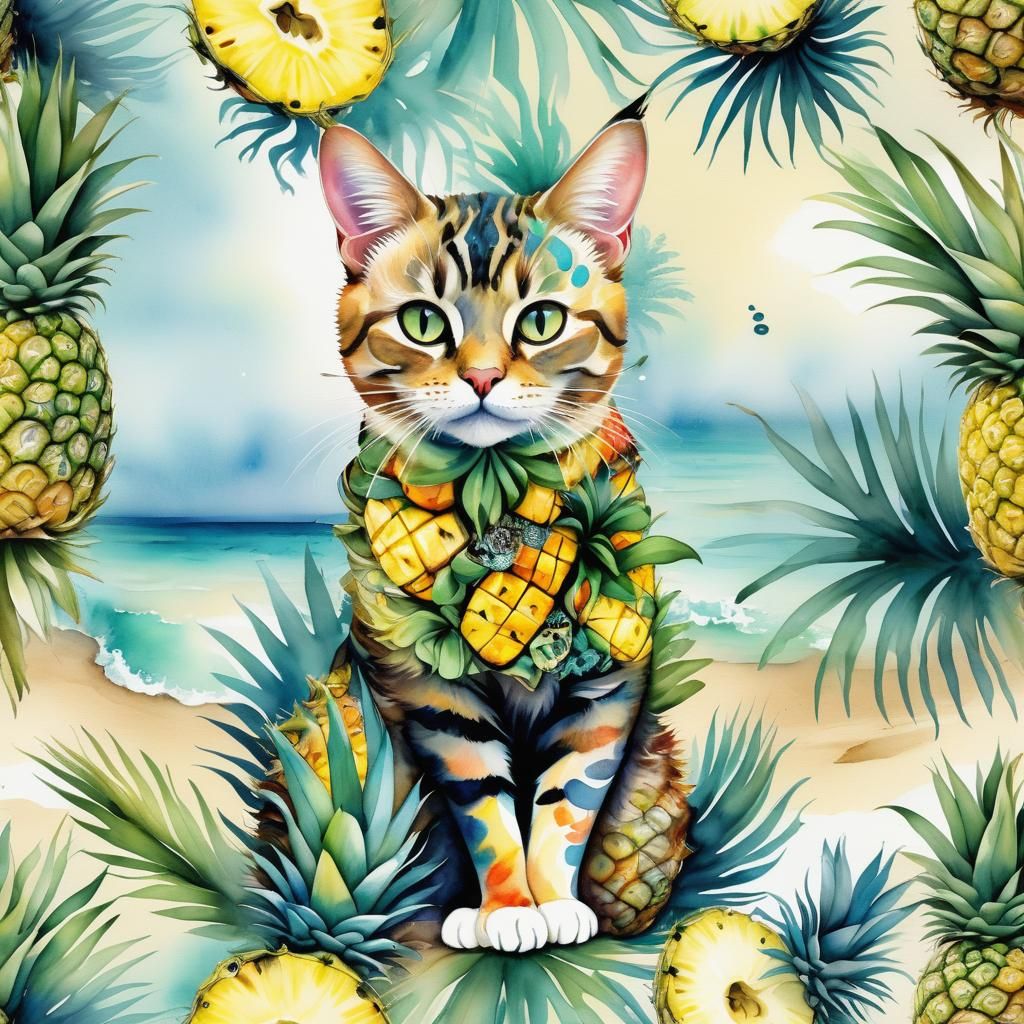 Whimsical photorealistic anthropomorphic Cat Ananas beachscene watercolor Fractal Exotic elegance