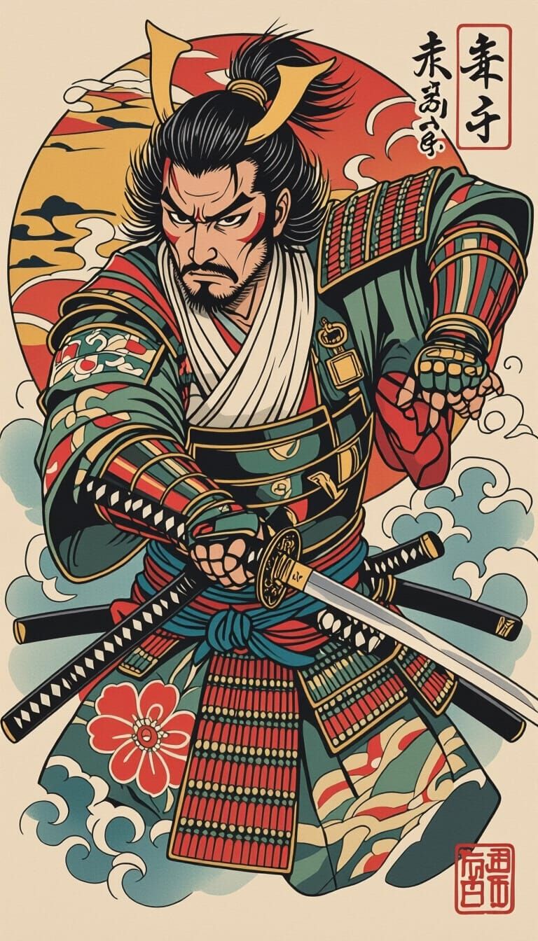 Samurai Warrior in Dynamic Attack Pose, Neo-Traditional Tatt...