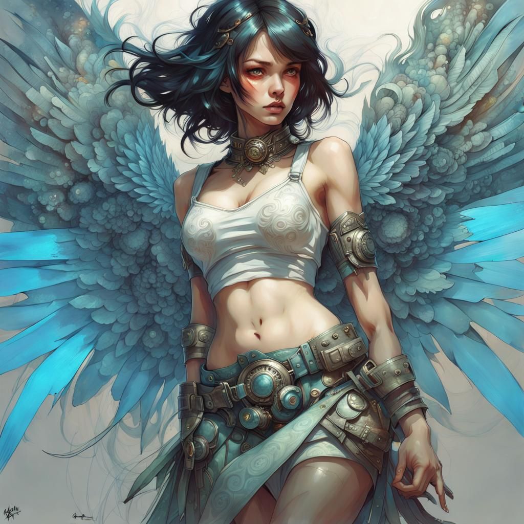 Futuristic Winged Woman in Detailed Outfit