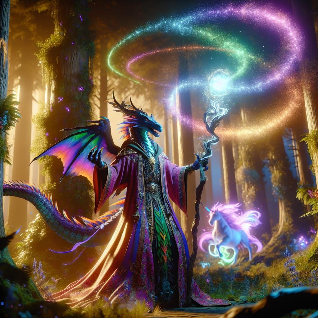 Dragon Wizard Casting Spell in Mystical Forest
