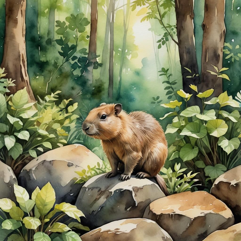 Adorable Capybara in Lush Forest, Watercolor Style