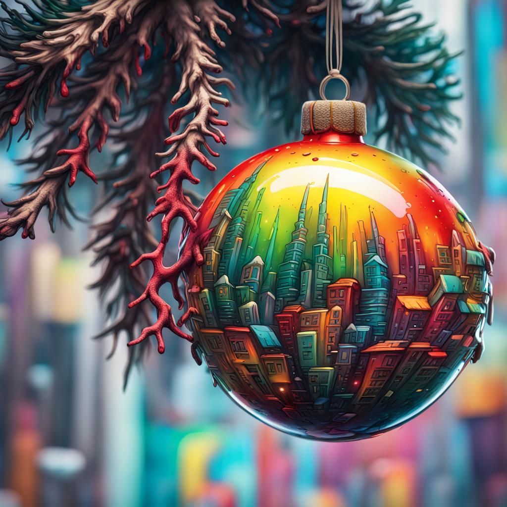 Cyberpunk Village Christmas Ornament: Graffiti Art Style