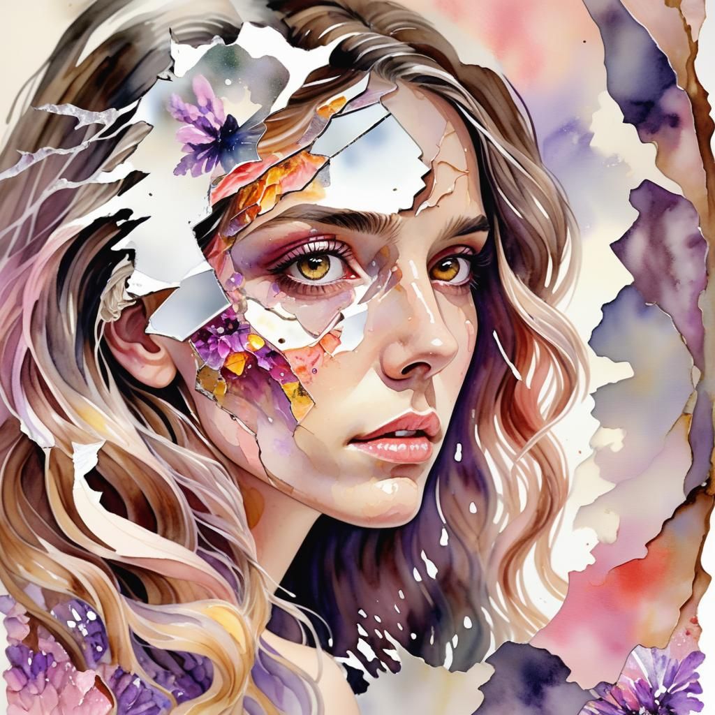 Elderly Woman and Her Reflection in Watercolor