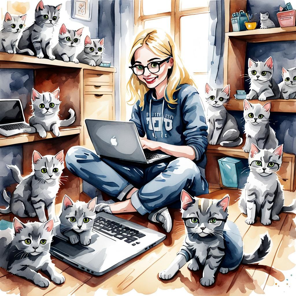 Girl Surrounded by Kittens, Watercolor Illustration