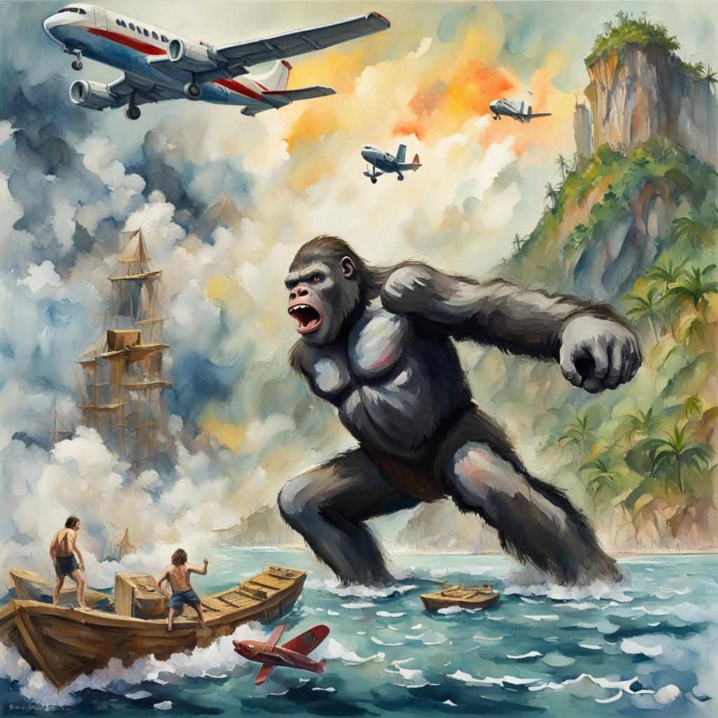 King Kong's Watercolor Rampage on Wild Island