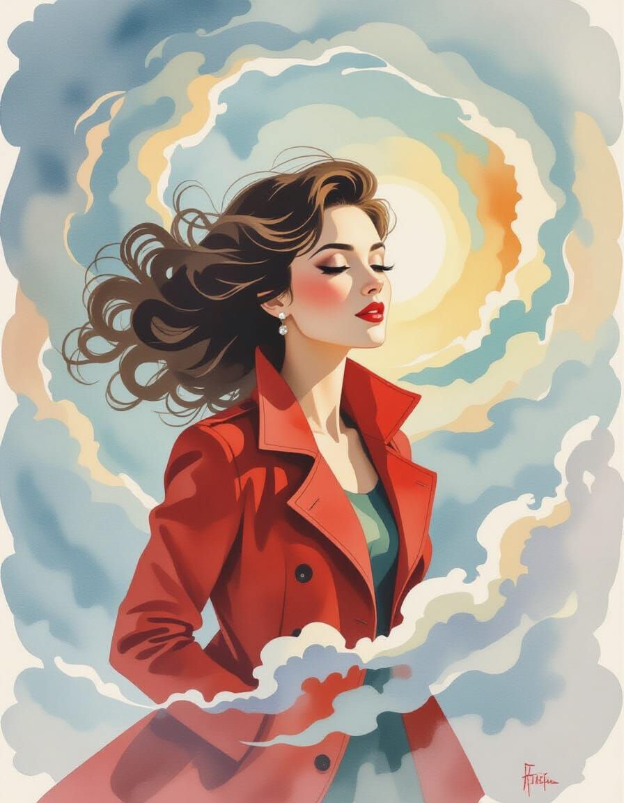 Surreal Woman in Red Jacket, Watercolor Art