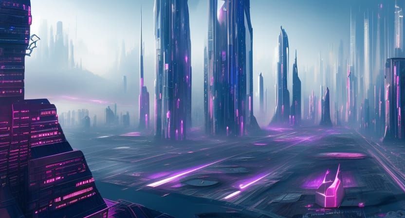 Futuristic Cityscape with Flying Cars in Detailed Matte Pain...