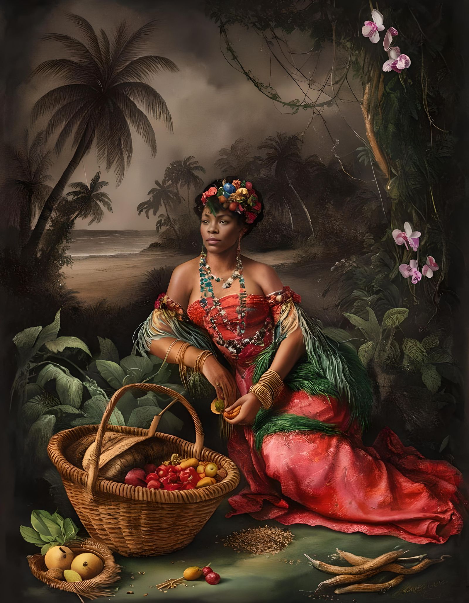 Caribbean Woman Selling Tropical Produce in Watercolor Style