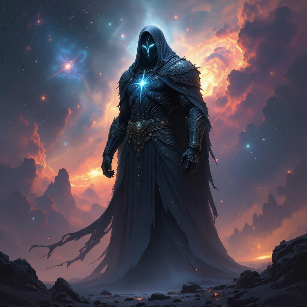 Obsidian Titan Vigilant Over Nebula Galaxy