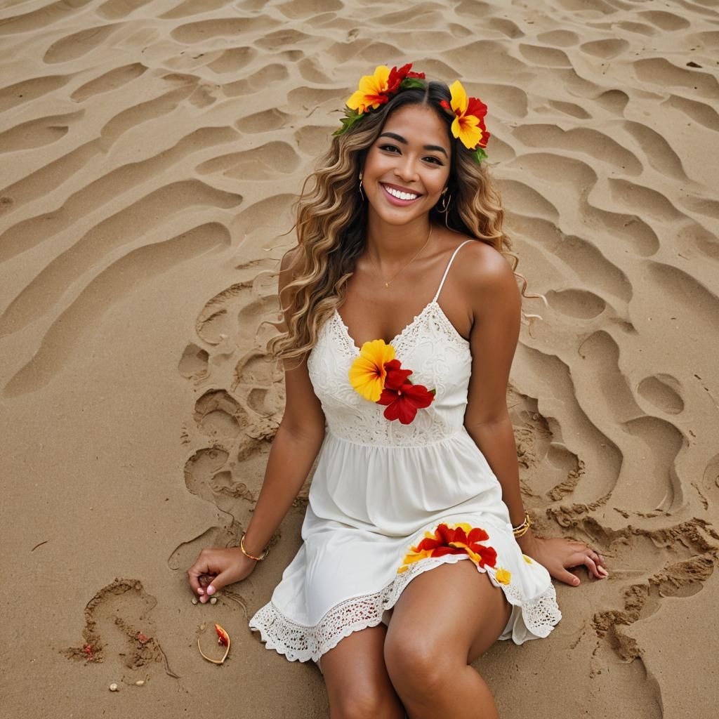 Smiling Hawaiian Woman with Hibiscus Flowers on Beach
