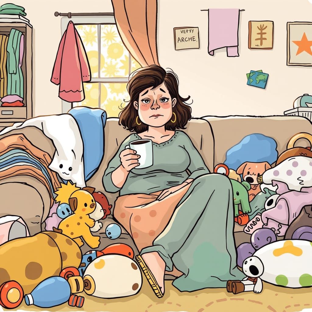 Mother's Morning Coffee Break in Whimsical Hand-Drawn Style