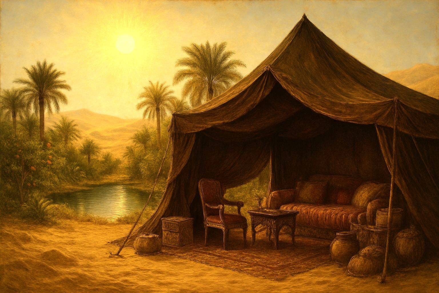 Cozy Oasis Tent in Barren Desert, Rembrandt Style