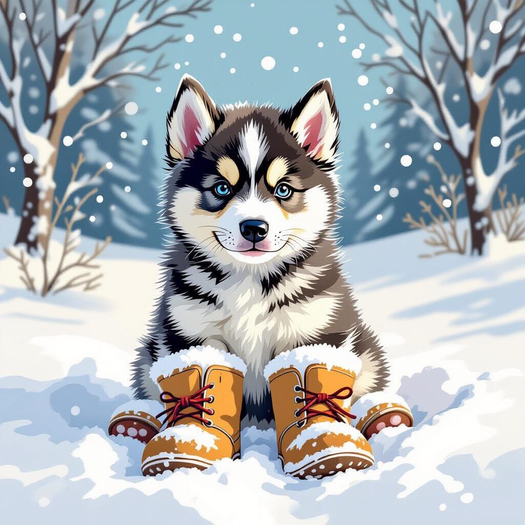 Malamute Puppy in Snow Boots, Illustrated Style