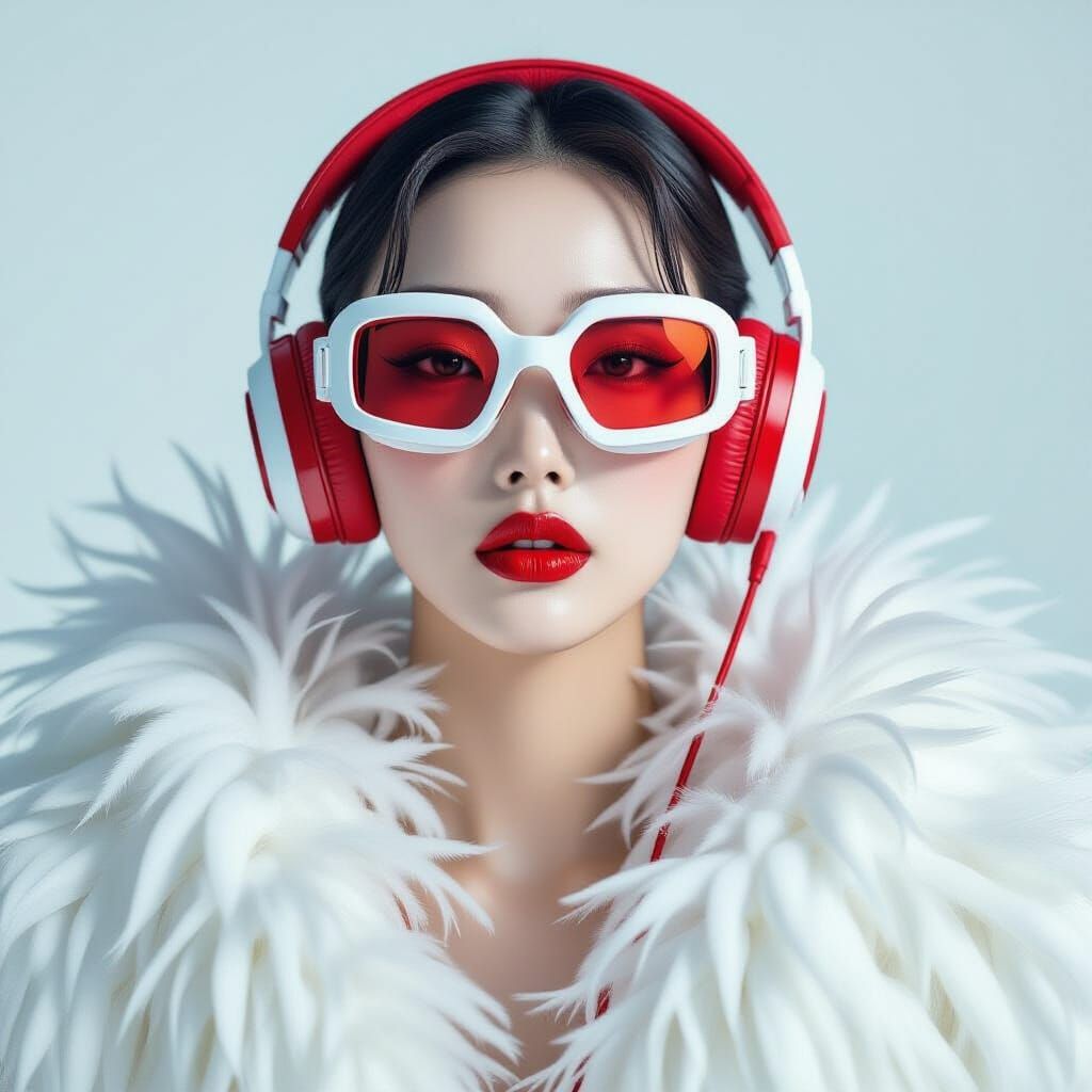 Stylish Korean Model in White Feather Boa & Red Goggles