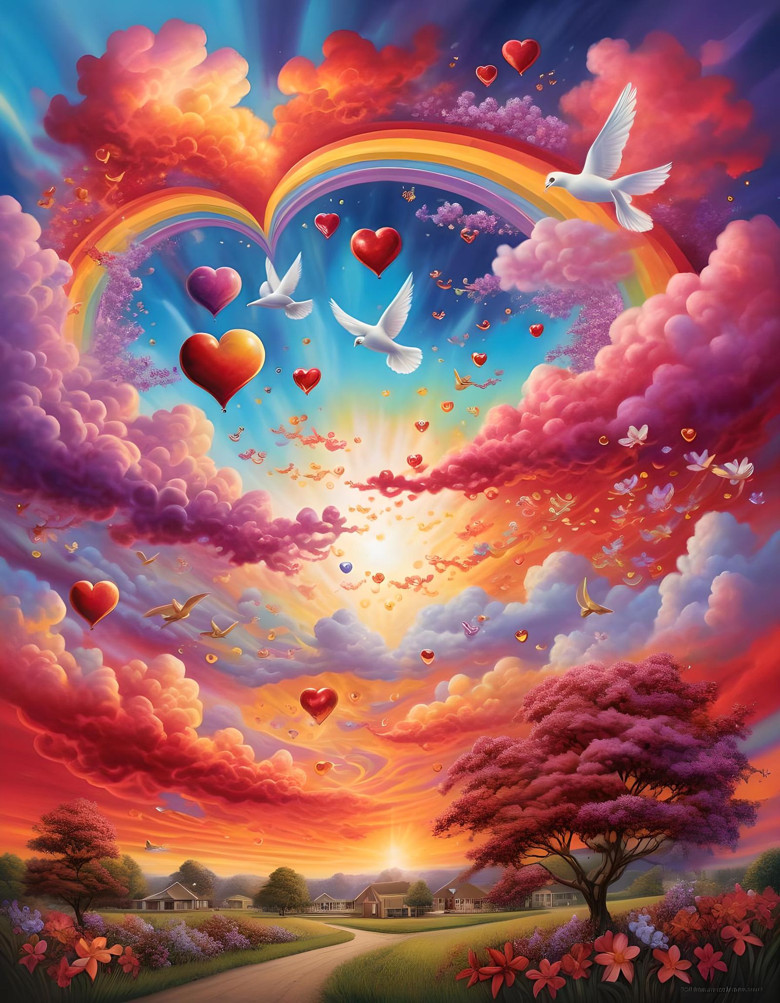 Psychedelic Heart Clouds with Rainbow in Airbrush Style