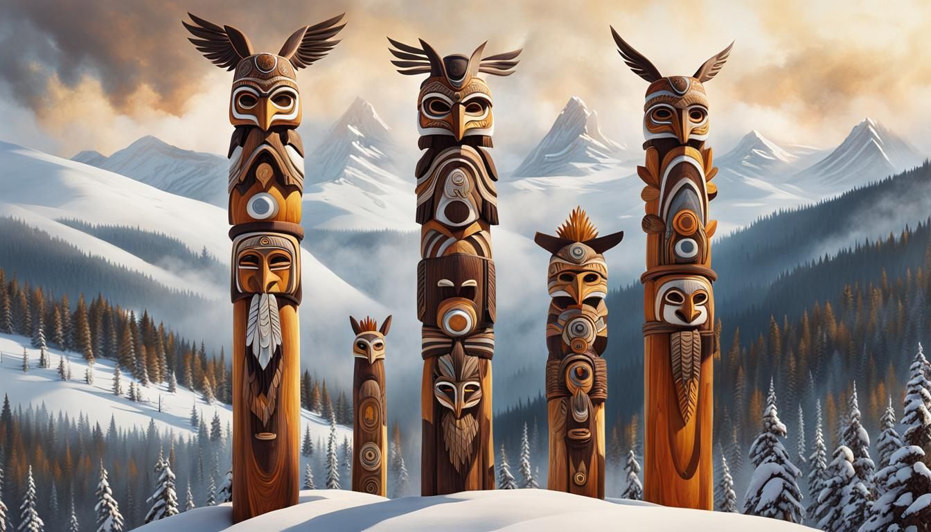 Detailed Totem Poles on Snowy Mountain