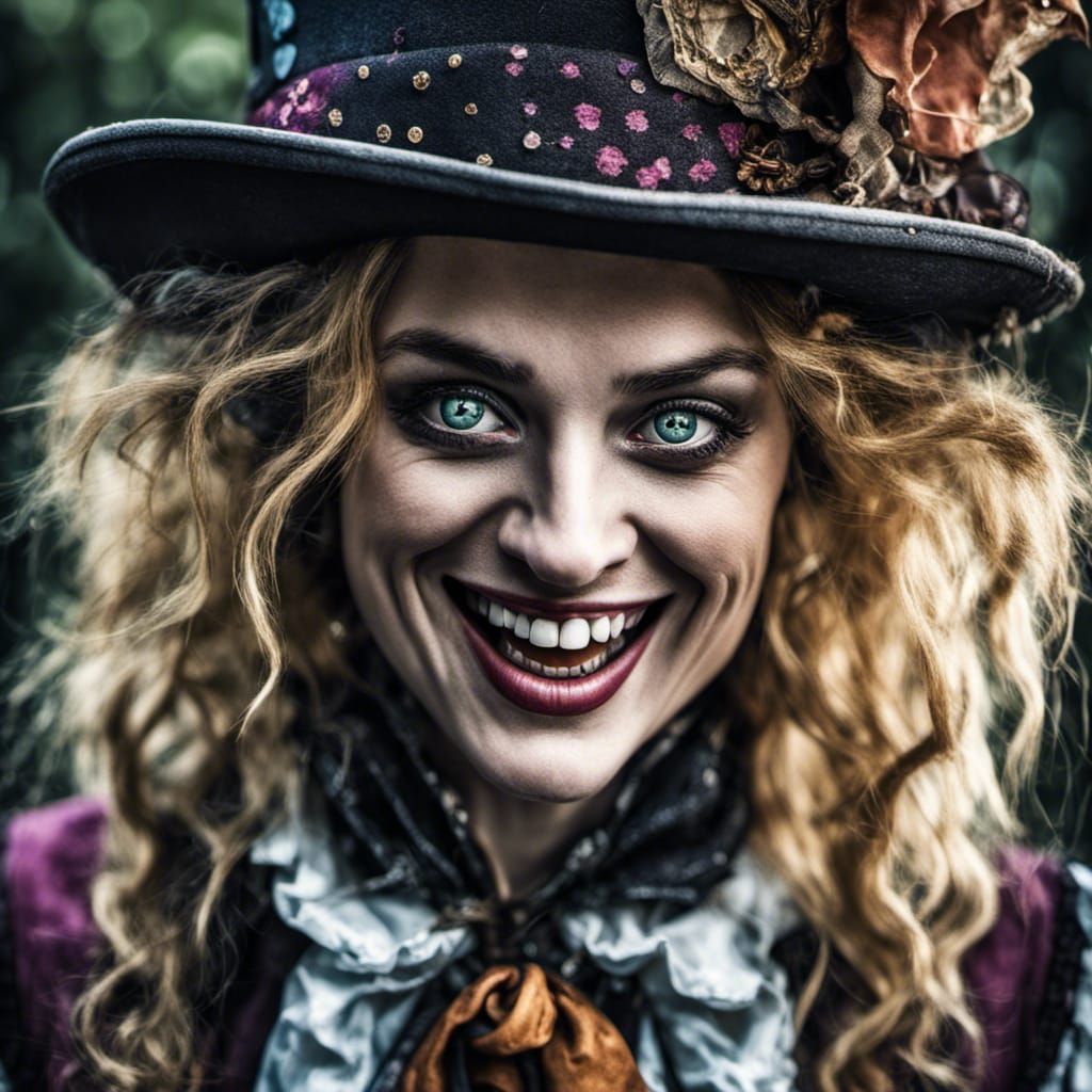 Hyperrealistic Mad Hatter Woman Laughing Portrait