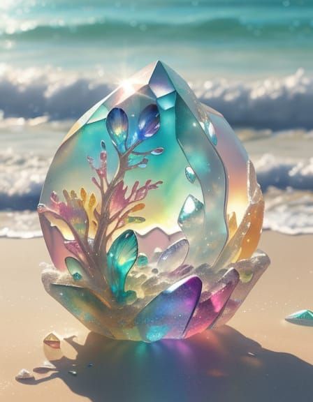 Radiant Crystal Beach Sculpture in Watercolor Style