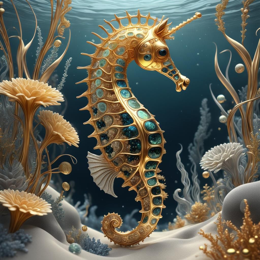 Golden Faberge Seahorse in Klimt-Inspired 3D Anime Art