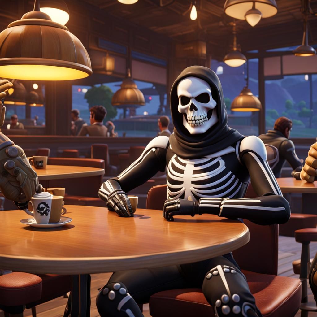 Fortnite Skull Trooper in 1970s Cafe Scene