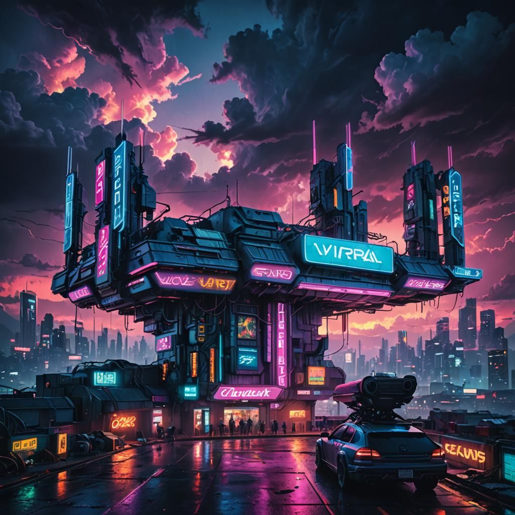Vivid Neon Cyberpunk Cityscape at Dusk