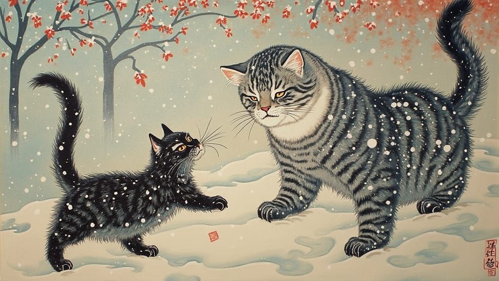 Giant Cat Having Fun in Snow, Ukiyo-e Style