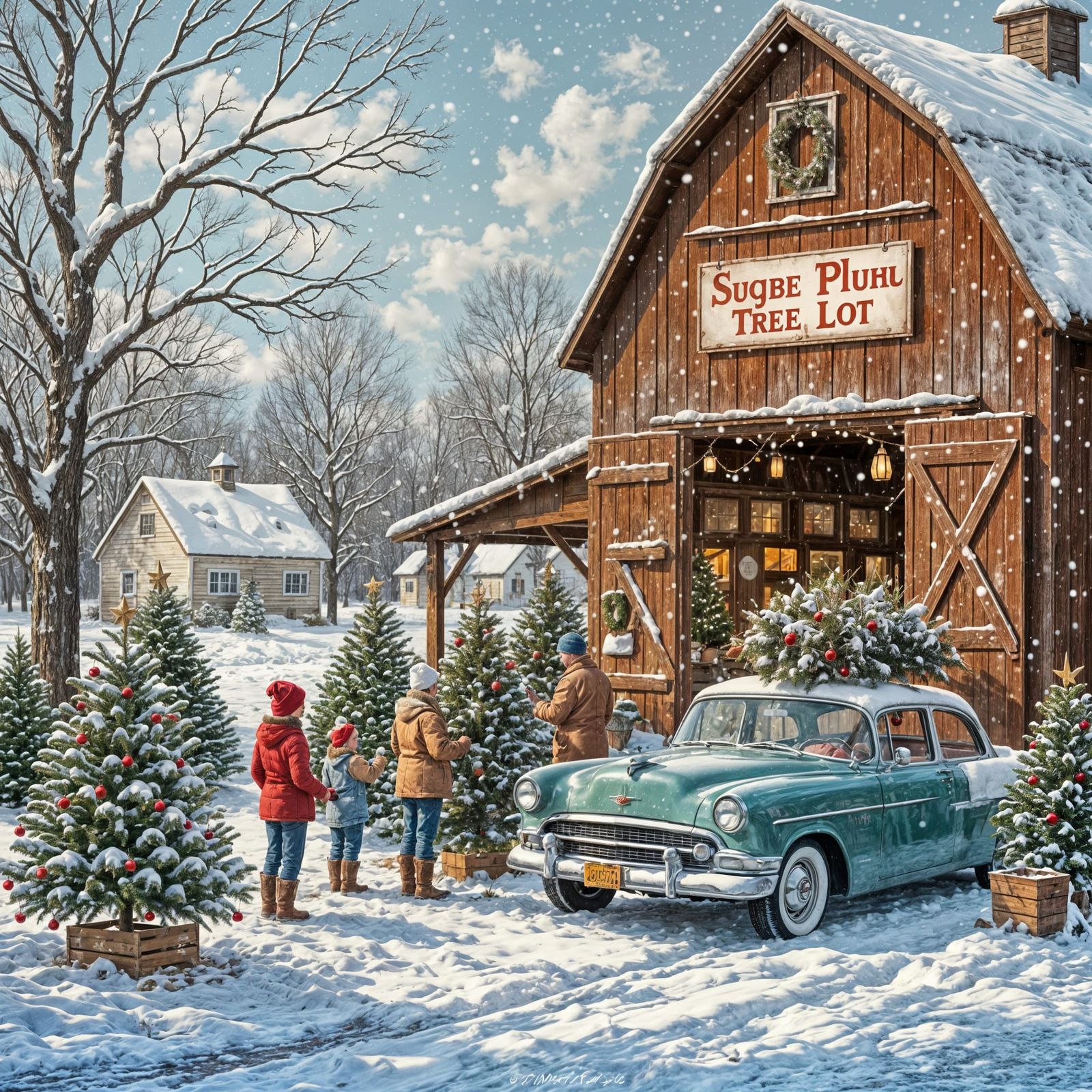 Nostalgic Christmas Tree Lot in a Snowy Town