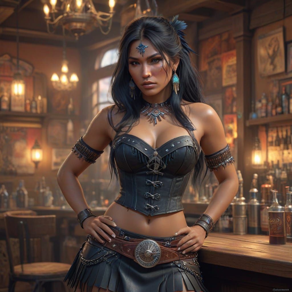 Native American Woman in Saloon, Cyberpunk-Inspired Portrait