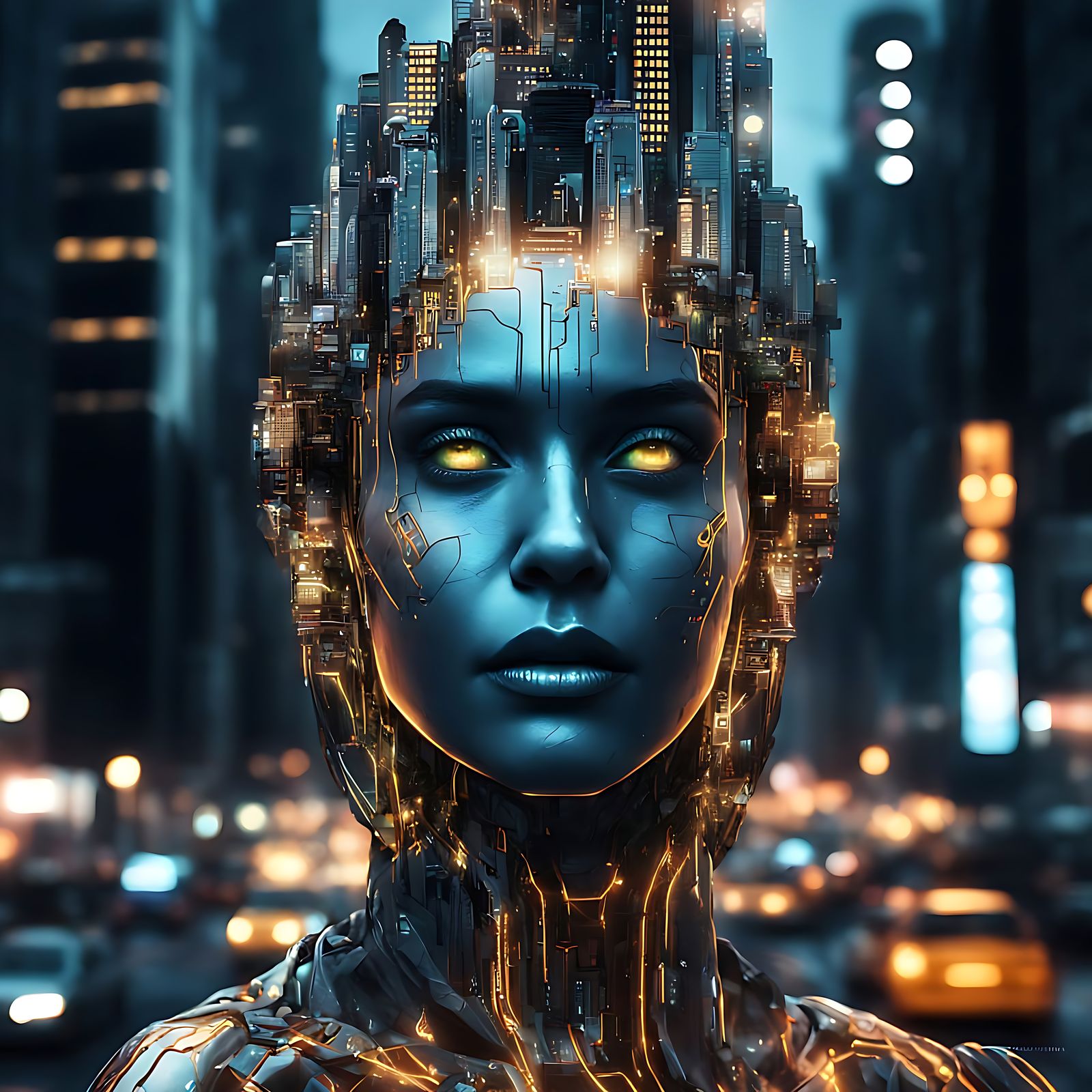 Futuristic Humanoid Cityscape in Cyberpunk Style
