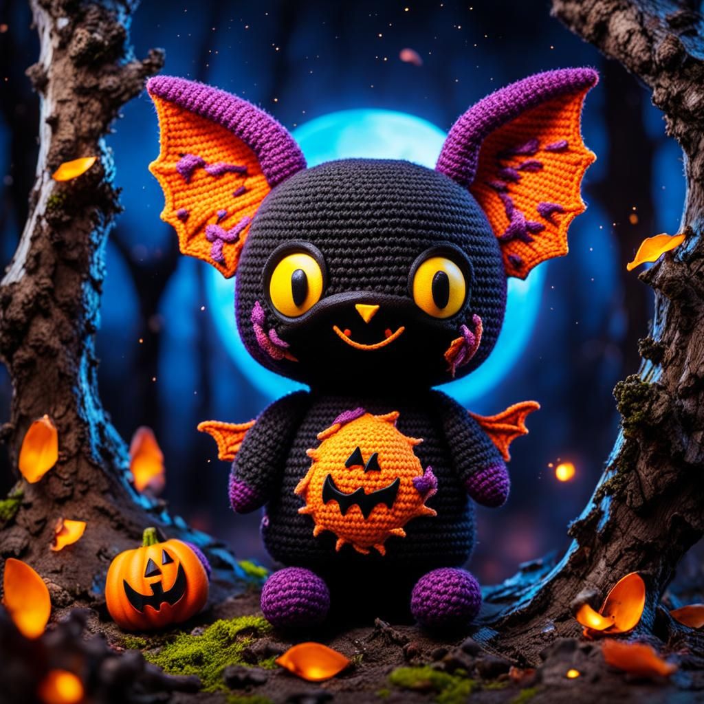 Halloween Bat Amigurumi in Forest, Graffiti Art