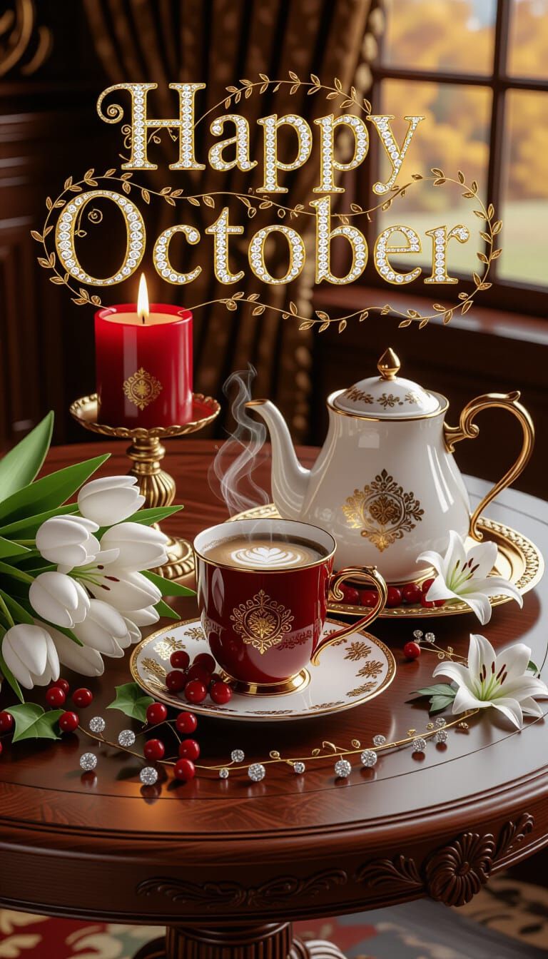 Christmas Scene With 'Happy October' Message In Gold And Dia...