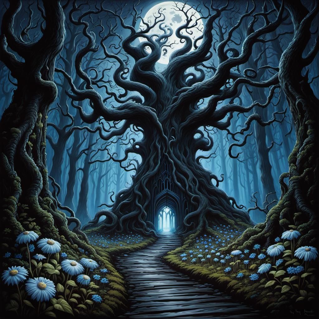 Eldritch Dark Forest in Tim Burton Style