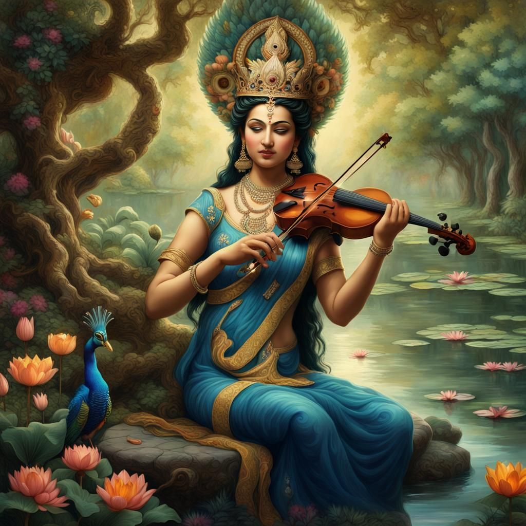 Saraswati Playing Violin in Beautiful Garden